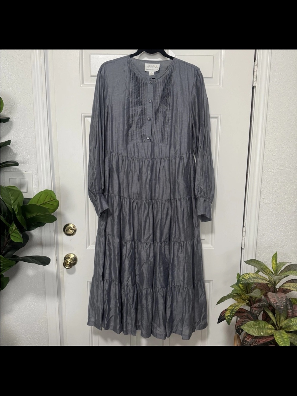 Anthropologie Mare Mare Tiered Gray Long Sleeves Maxi Dress Linen Size Medium